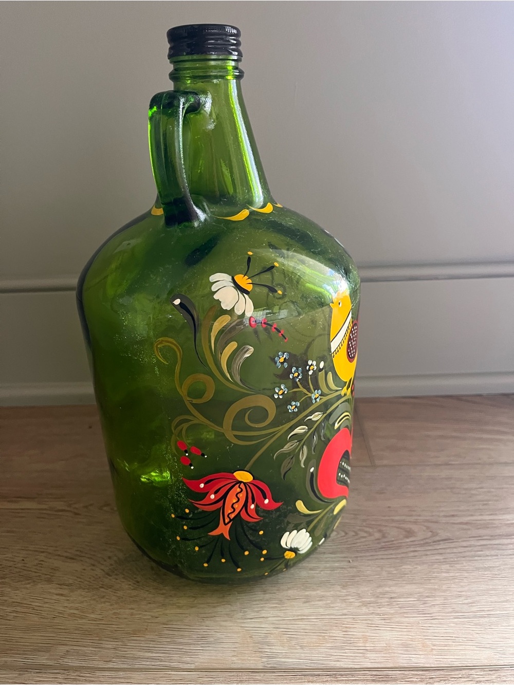 Hand-Painted Green Glass Jug with Folk Art Rooster and Heart - Picture 2 of 5